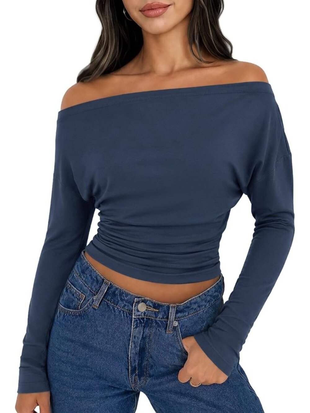 Women's Navy Off Shoulder Long Sleeve Ruched Cinched Waist Y2K Top Blouse